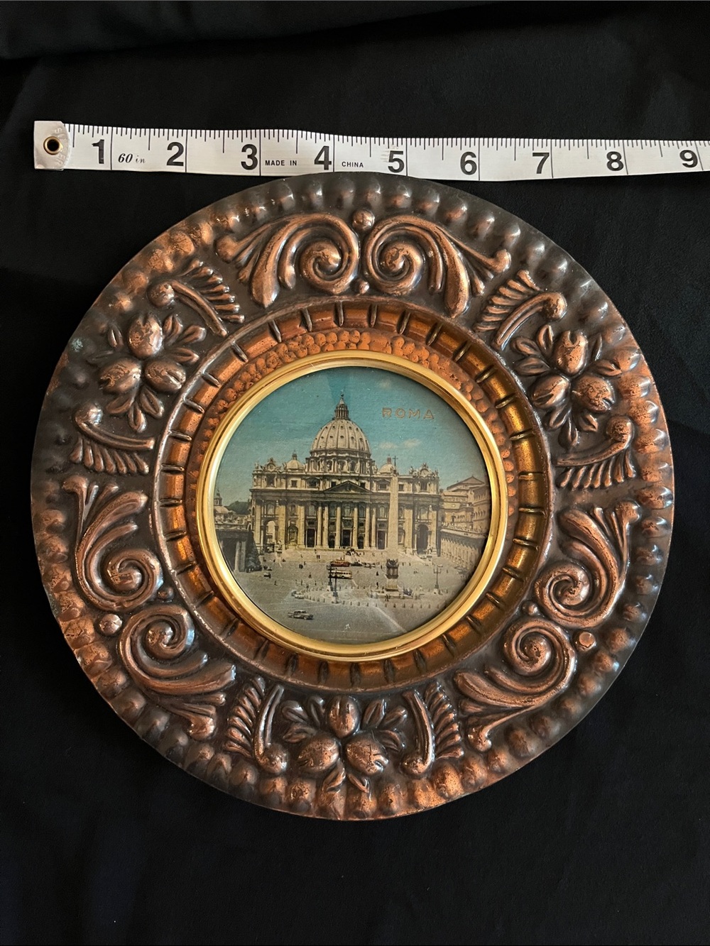 Decorative Copper-Tone Round Wall Accent with Rome Print